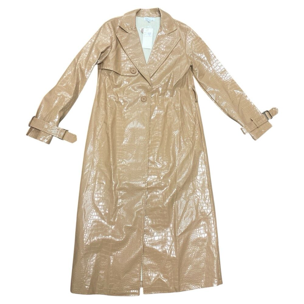 NWT Hot & Delicious Long Trench Coat Faux Leather W Pockets Small Taupe No Belt